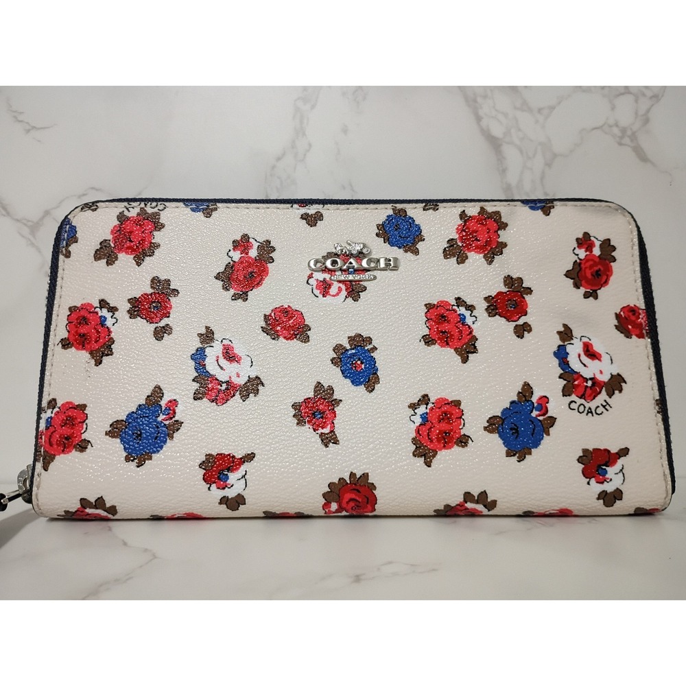COACH Tea Rose Floral Leather Accordion Zip Around Wallet - EUC